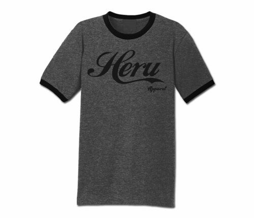Men's Dark Heather Grey and Black Heru Apparel Ringer T-Shirt (Text)